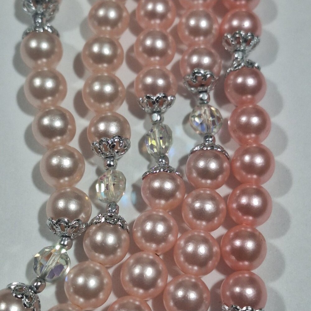 Vintage Japan 5 Strand Multi Pink Ombre Faux Pearl AB Crystal Necklace 15-18" - Picture 9 of 12